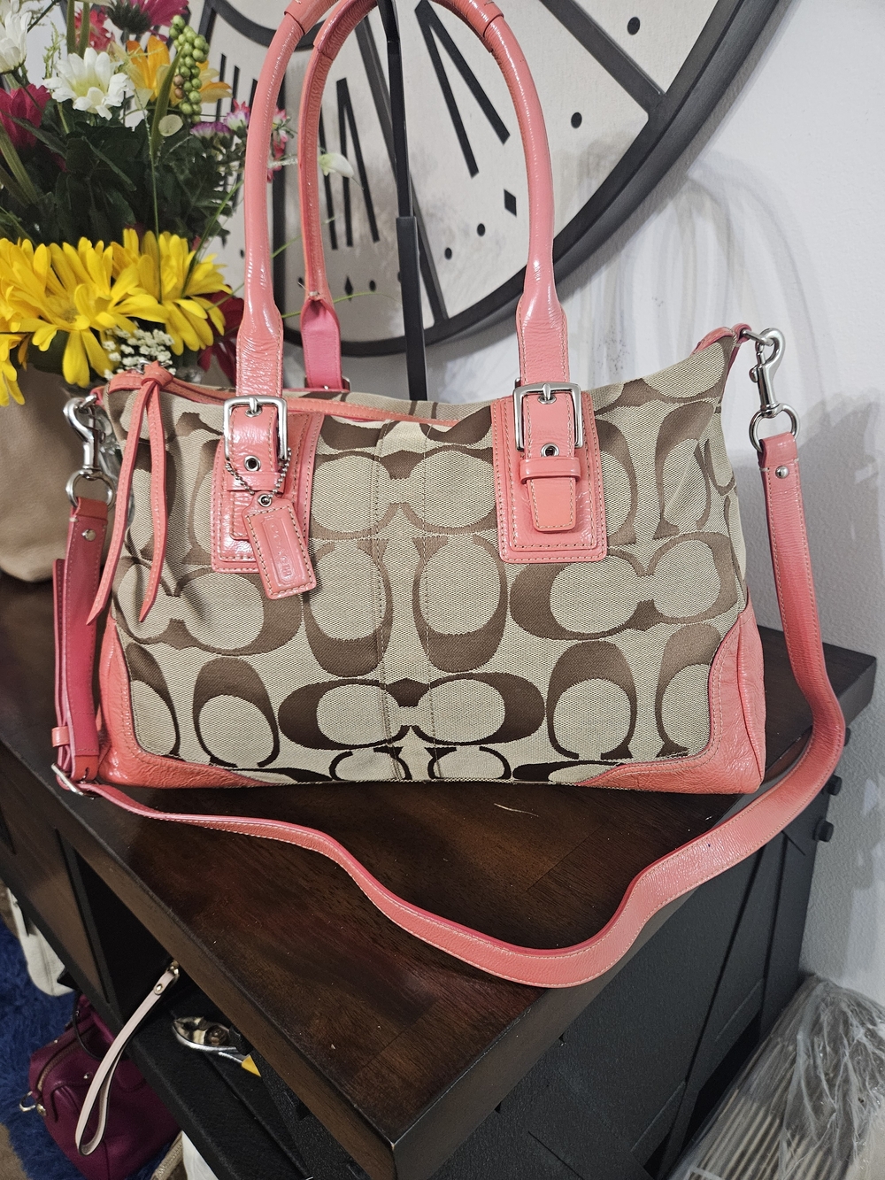 Coach Hamptons Signature Canvas Tote with Pink Leather Trim